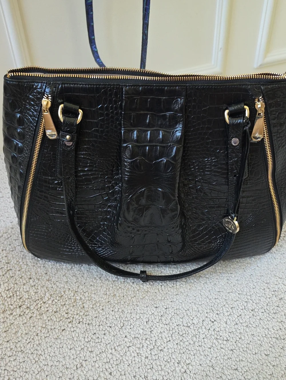 Brahmin Black Croc-Embossed Leather Tote with Gold Hardware